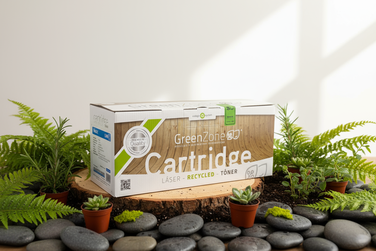 Caja de cartucho de tóner láser reciclado Green Zone en entorno natural