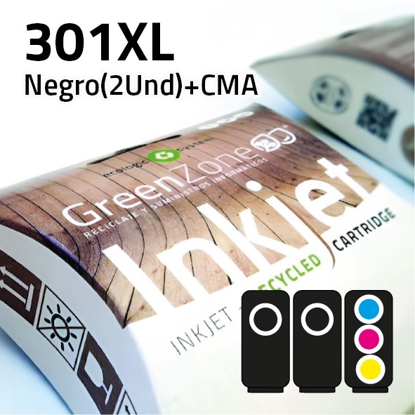 Economy Pack Green Zone para  HP 301XL Bk (2 Und) + 301XL Color + REGALO Papel Photo A6