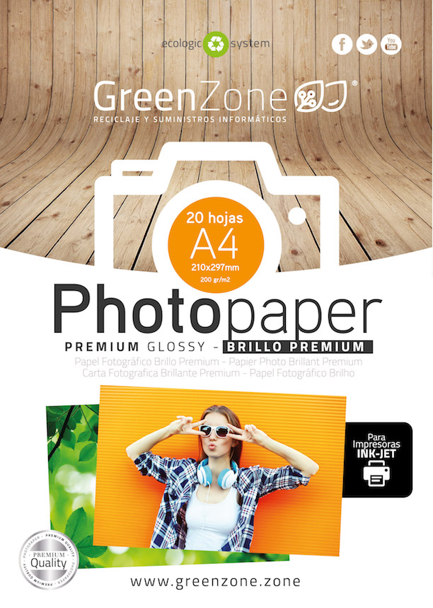 Papel fotográfico Green Zone A4 (210x297 mm.) 200 grs. 20 hojas, Brillante