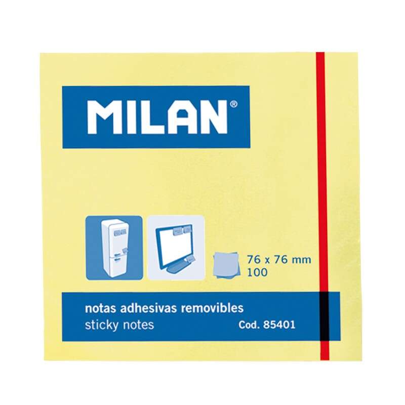 Milan Bloc de 100 Notas Adhesivas - Removibles - 76mm x 76mm - Color Amarillo Claro 