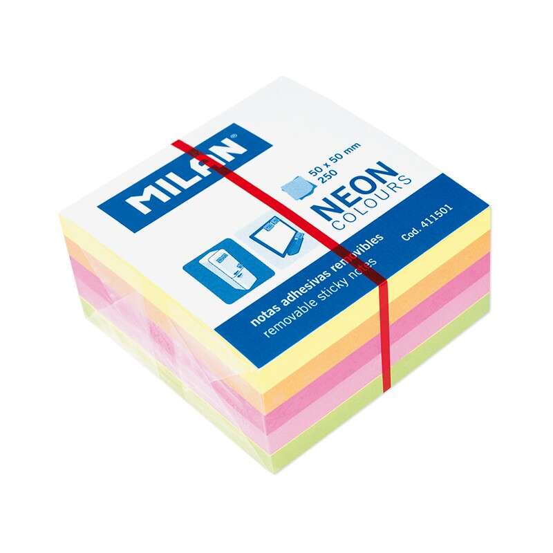 [411501] Milan Bloc de 250 Notas Adhesivas Neon Mini - Removibles - Medidas 50mm x 50mm - Colores Surtidos 