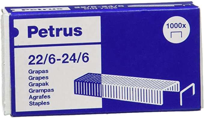 Petrus Grapas 22/6 Galvanizadas - Hasta 30 Hojas - Caja de 1000 Grapas - Patilla de 6mm 