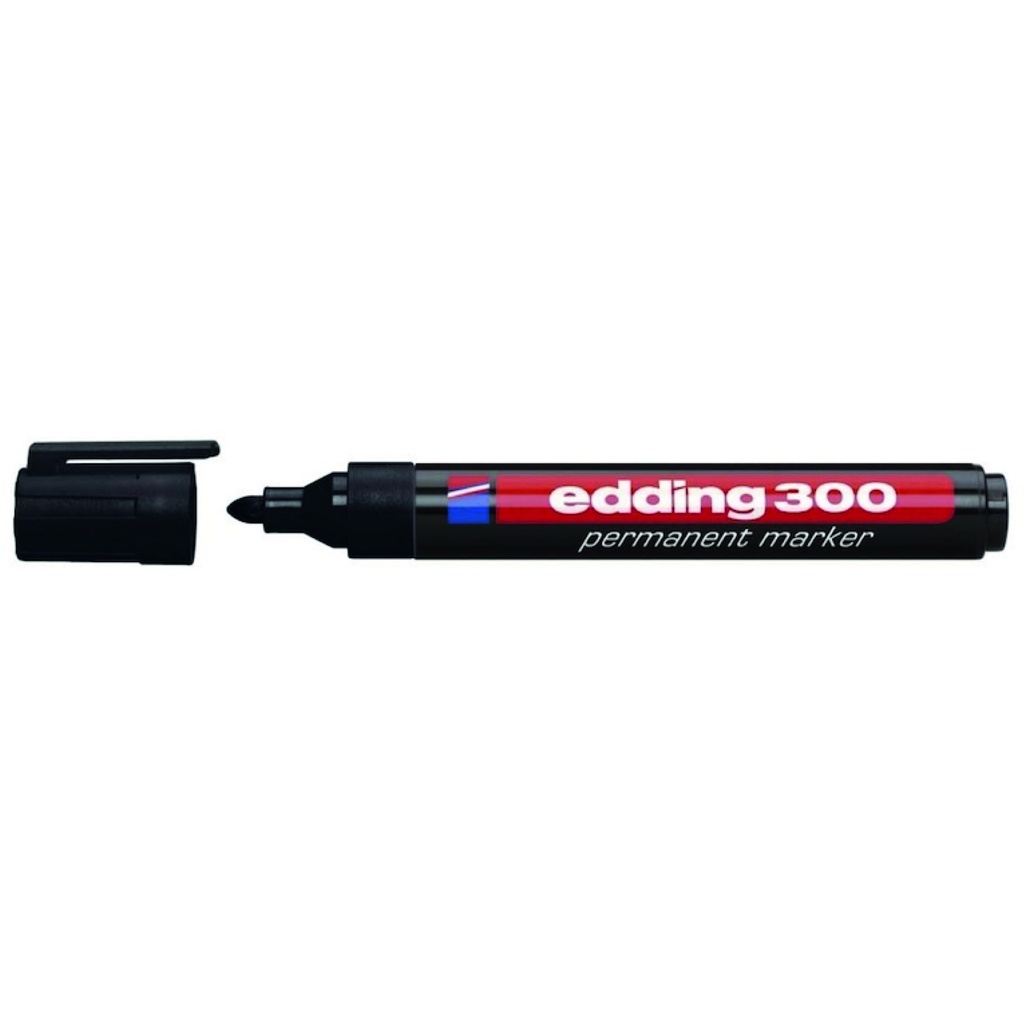 Edding 300 Rotulador Permanente - Punta Redonda - Trazo entre 1.5 y 3 mm. - Tinta Casi Inodora - Capuchon con Clip - Secado Rapido - Color Negro 