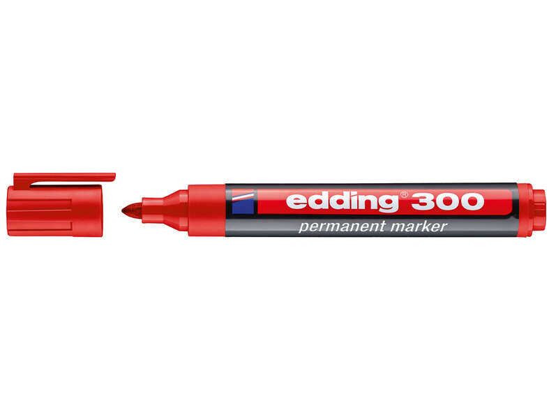 [300-02] Edding 300 Rotulador Permanente - Punta Redonda - Trazo entre 1.5 y 3 mm. - Tinta Casi Inodora - Capuchon con Clip - Secado Rapido - Color Rojo
