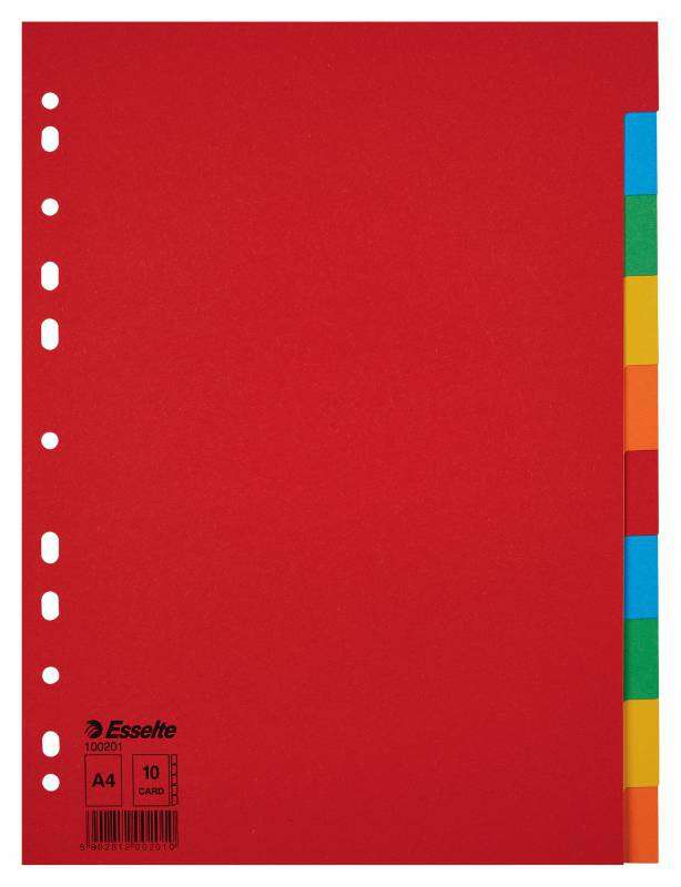 [100201] Esselte Separadores Scarton A4 10 Pestañas 5 Colores Gramaje 150Grs sin Caratula Indice - Multicolor Materia Lcarton - Tamaño A4 - Multitaladro - 10 Pestañas 5 Colores - Presentacion en Bolsa Individual 