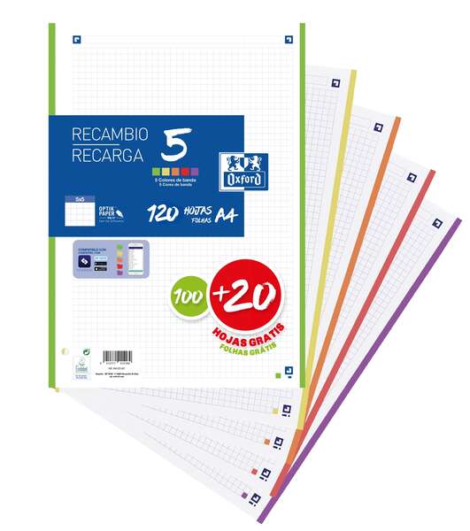 [400148310] Oxford 5 Recambio de 120 Hojas Formato A4 Cuadriculado 5x5mm 4 Taladros - Banda de 5 Colores Vivos 
