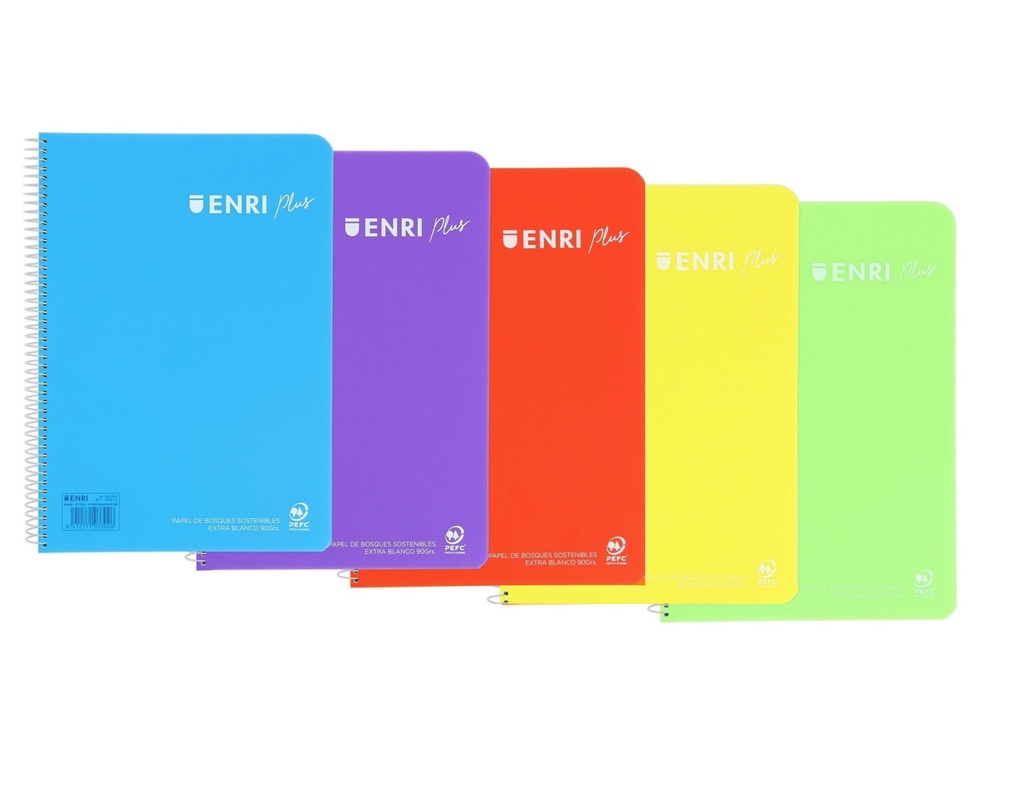 Enri Plus Cuaderno Espiral Formato Cuarto Pautado 3.5 con Margen - 80 Hojas 90gr - Cubierta de Plastico - 5 und. (Varios colores)