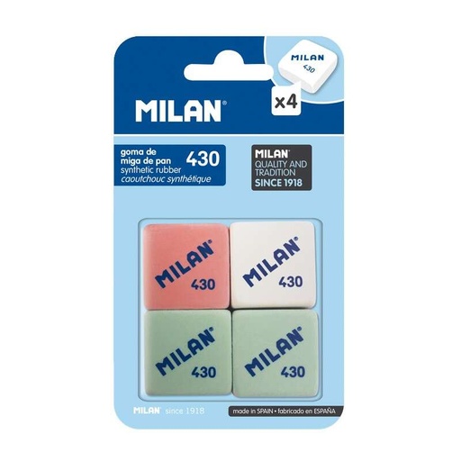 [BMM9215] Milan 430 Pack de 4 Gomas de Borrar Cuadradas - Miga de Pan - Suave Caucho Sintetico - Colores Surtidos 