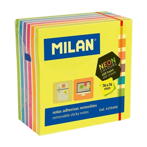 [4155400] Milan Bloc de 400 Notas Adhesivas Neon - Removibles - 76mm x 76mm - Colores Surtidos 