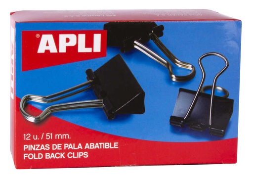 [11952] Apli Pinzas Abatibles 30x51mm - Acero Templado Negro - Asas Niquel - 12 Unidades - Sujecion Hasta 220 Hojas 