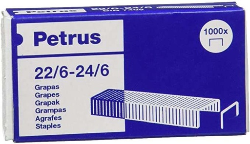 [55723] Petrus Grapas 22/6 Galvanizadas - Hasta 30 Hojas - Caja de 1000 Grapas - Patilla de 6mm 