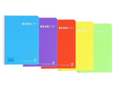 [400133587] Enri Plus Cuaderno Espiral Formato Folio Pautado 3.5mm - 80 Hojas 90gr con Margen - Cubierta de Plastico - 5 und. (Varios colores)